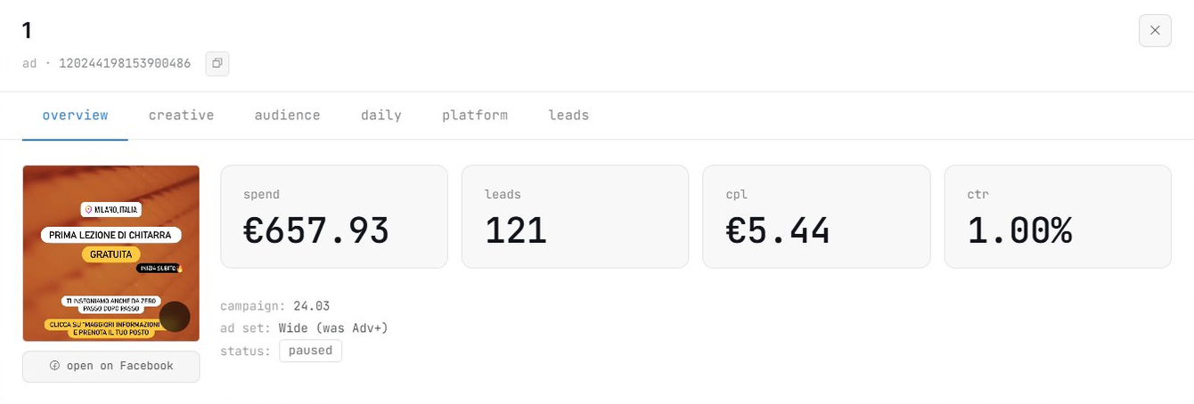 Creative overview: spend, leads, CPL, CTR for one ad